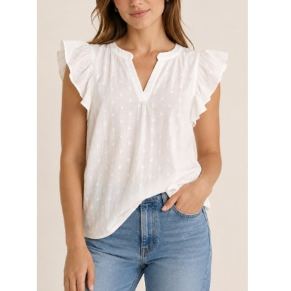 LILLIYADI Women's White Swiss Dot Flutter Sleeve Loose Summer Blouse Size M NWT